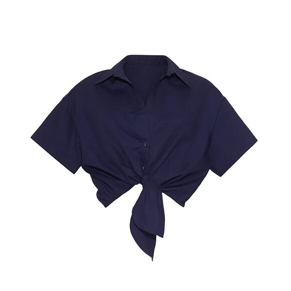 CARA CARA Asbury Button Down Cropped Top in Evening Blue Medium M